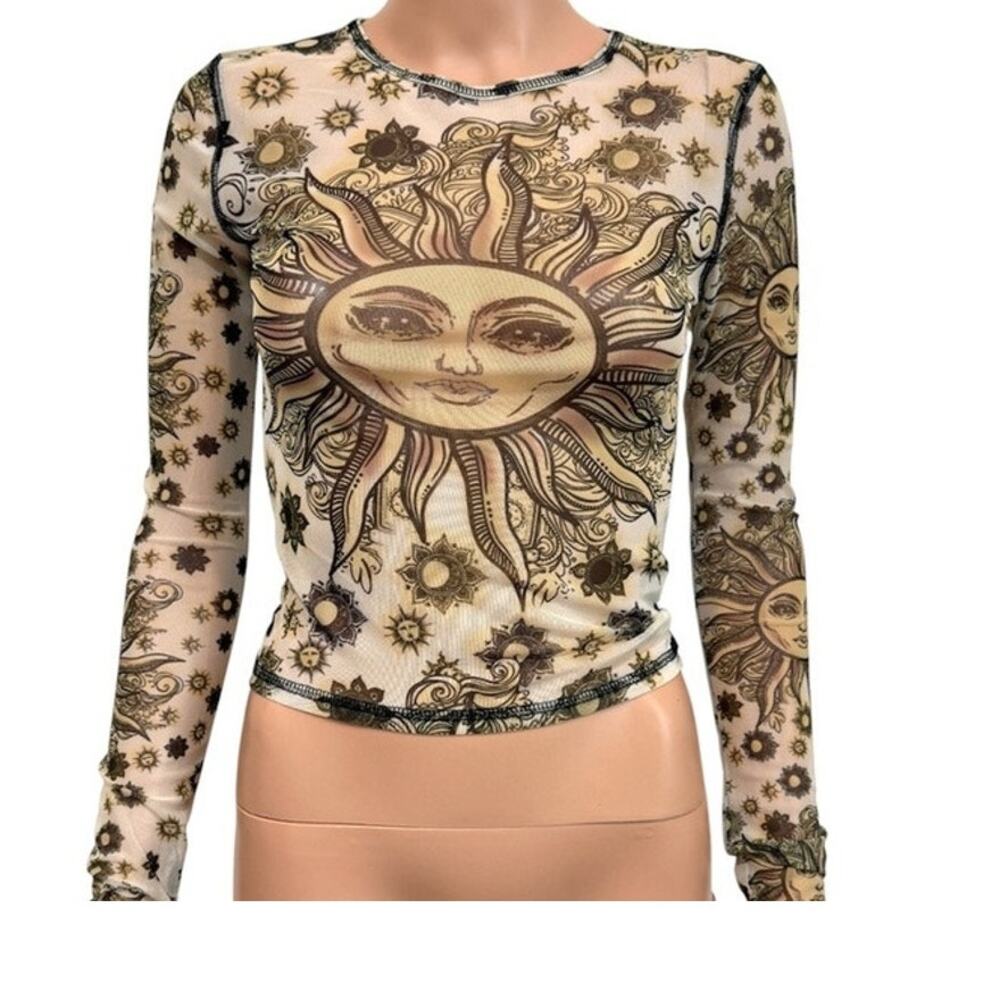 Urban Outfitters small sheer mesh celestial sun print stars top TLS1 3559